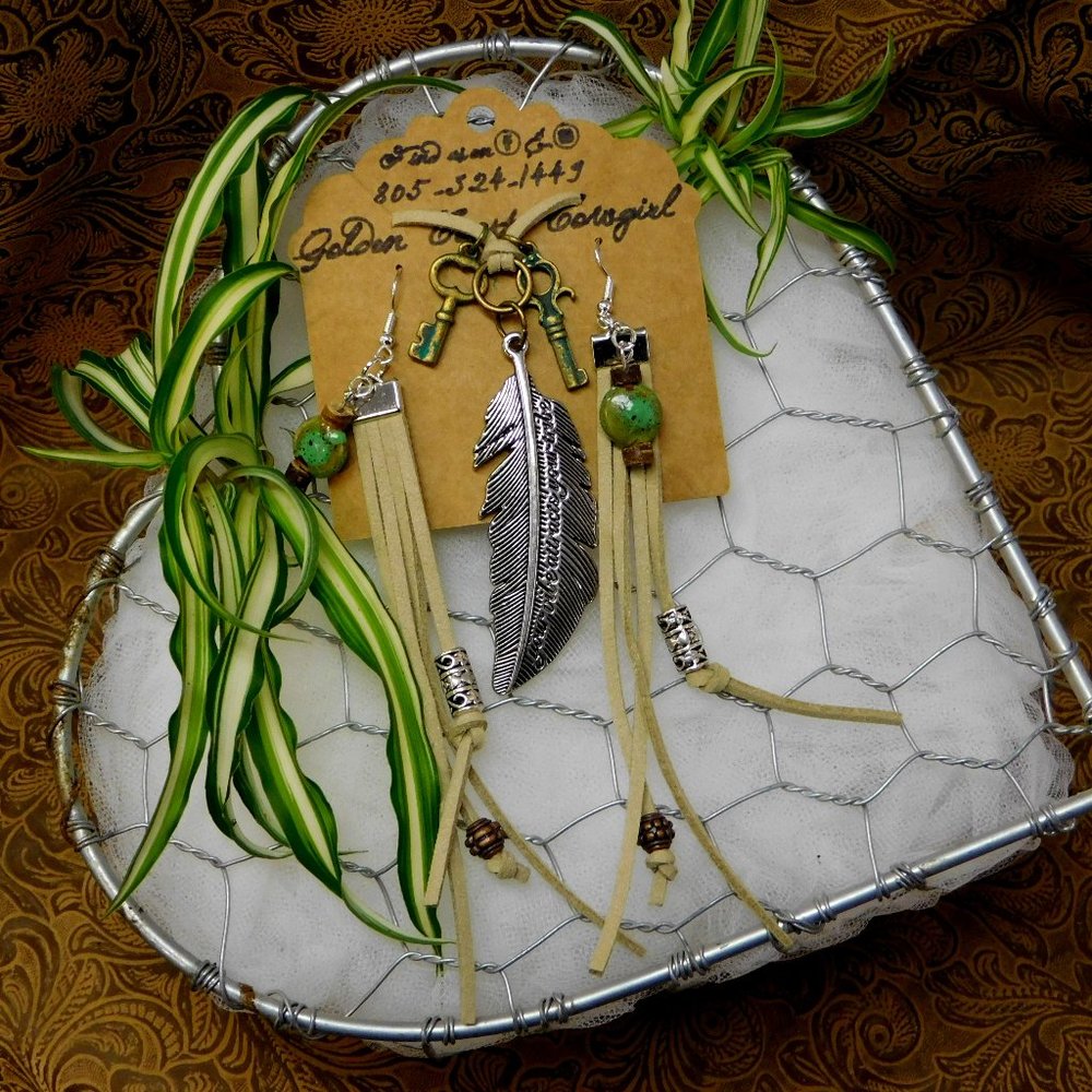 ‼️SOLD‼️ BOHO Western Large Feather & Key Necklace Set